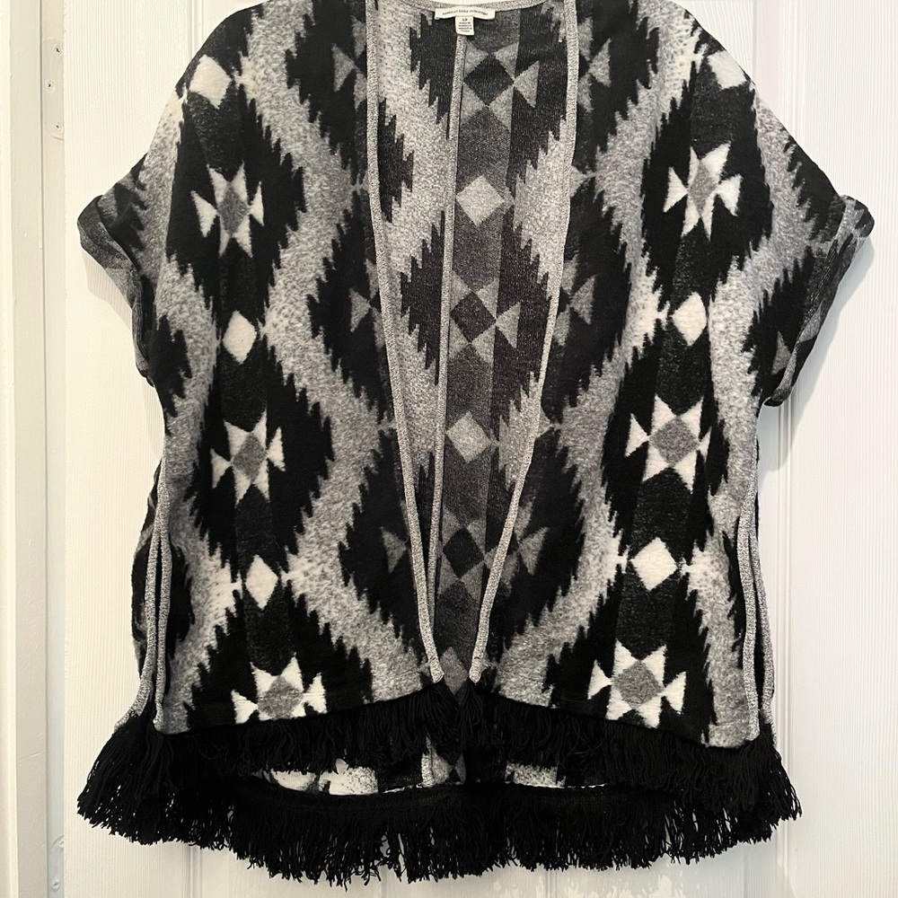 American Eagle Outfitters Black and Gray Poncho Sweater with Fringe